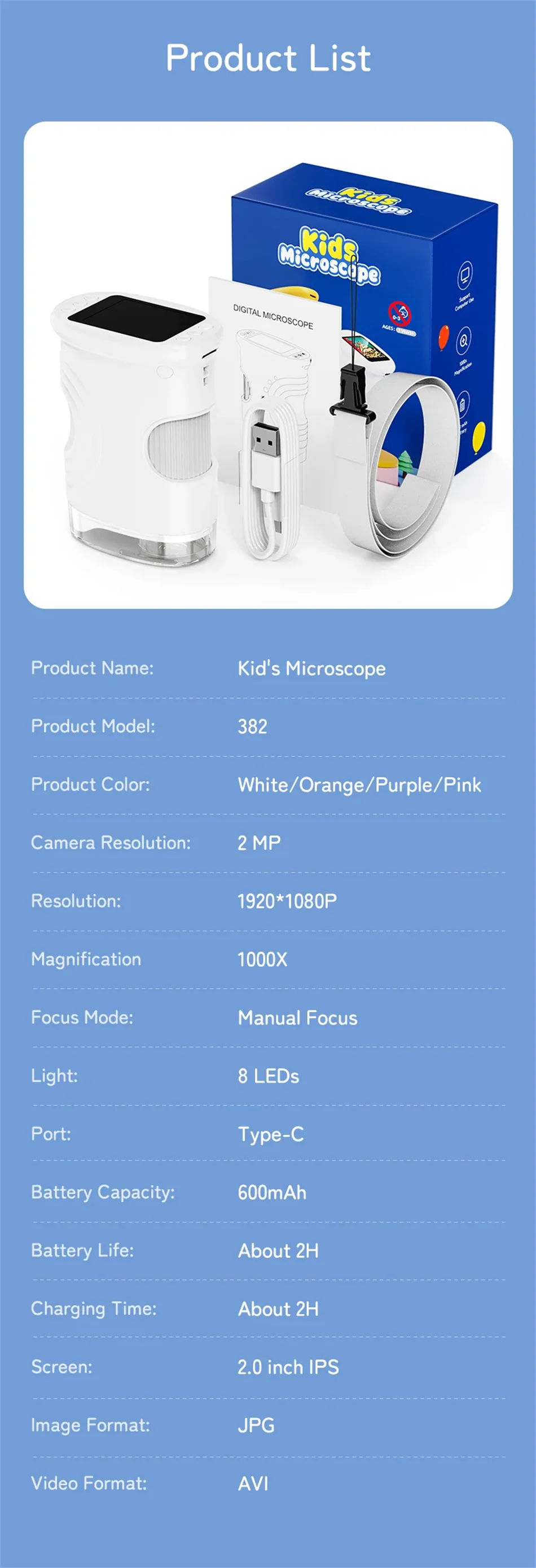 1000X Handheld Microscope for Kids 2.0" Screen Rechargeable Mini Pocket Digital Microscopes Portable Edu Gift Children Students