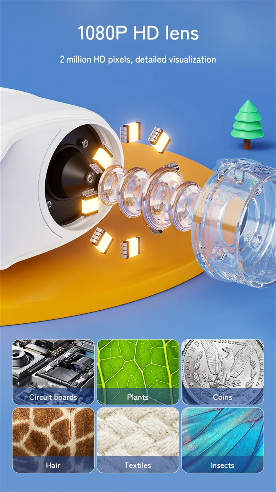 1000X Handheld Microscope for Kids 2.0" Screen Rechargeable Mini Pocket Digital Microscopes Portable Edu Gift Children Students